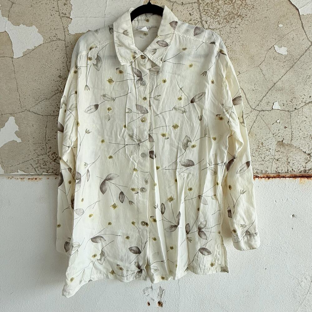 Button Down Cottagecore Floral Shirt Cream Brown Tencel Blouse‎ M
